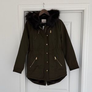 LOFT Dark Olive Utility Parka with Faux Fur Hood